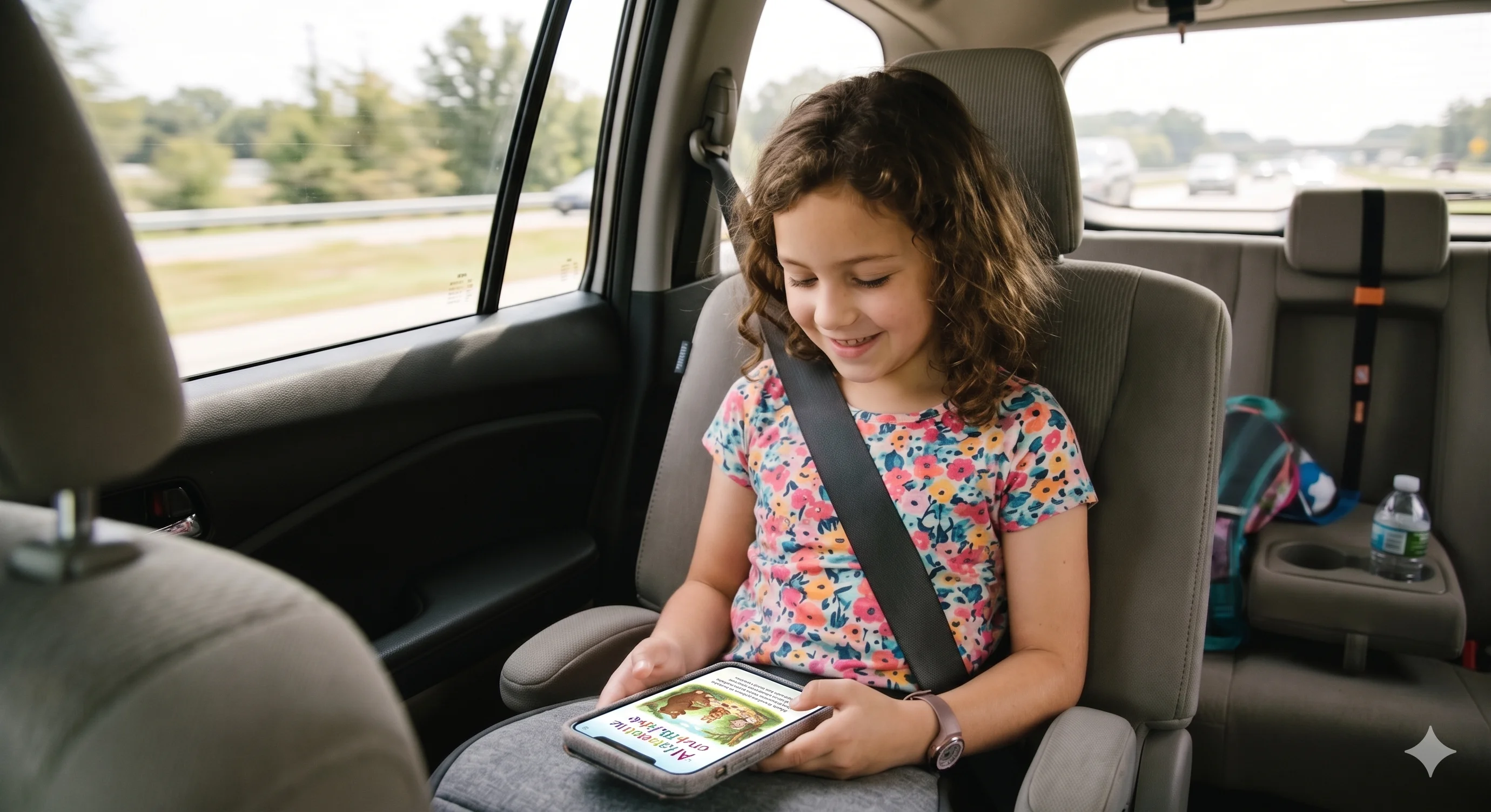 Child reading a storybook in the back of a car